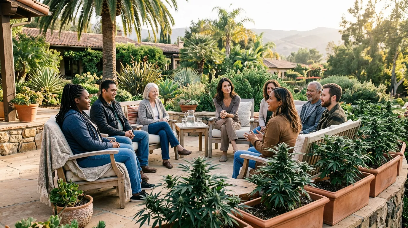 Group therapy on an outdoor patio surrounded by cannabis plants at a cannabis-friendly rehab in California