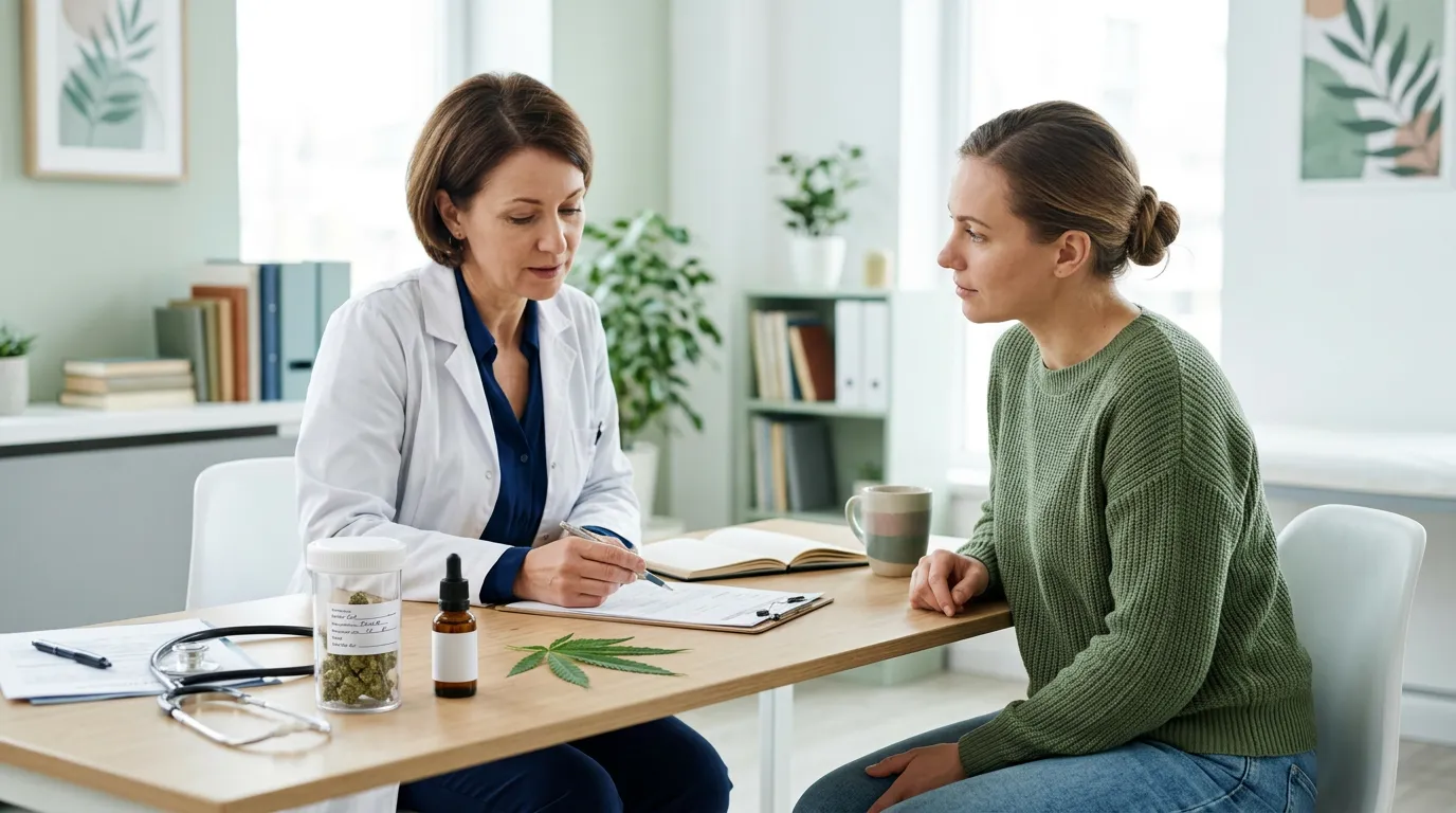 Doctor reviewing a medical cannabis prescription, CBD oil, and cannabis leaf during intake at a cannabis-friendly rehab