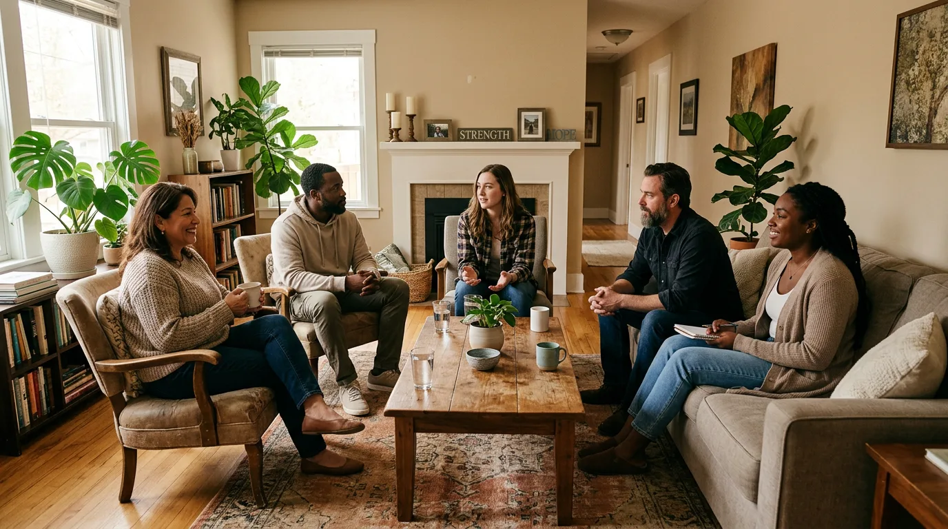 Residents of a cannabis-friendly sober living home sitting in a circle during a supportive house meeting