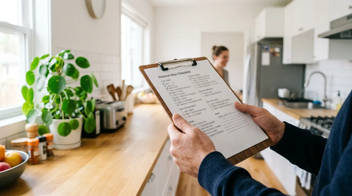 Person holding a checklist while touring the clean shared kitchen of a sober living home